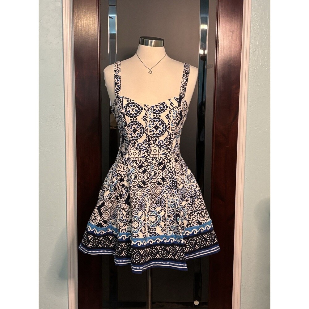 New STUNNING Avec Les Filles Blue White Tile Mosaic Fit & Flare Dress Sz 8  $149